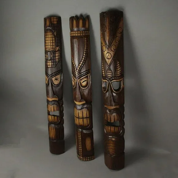 Hand-Carved Tropical Tiki Masks - Set of 3 Unique Wall Sculptures, 39.75” Each